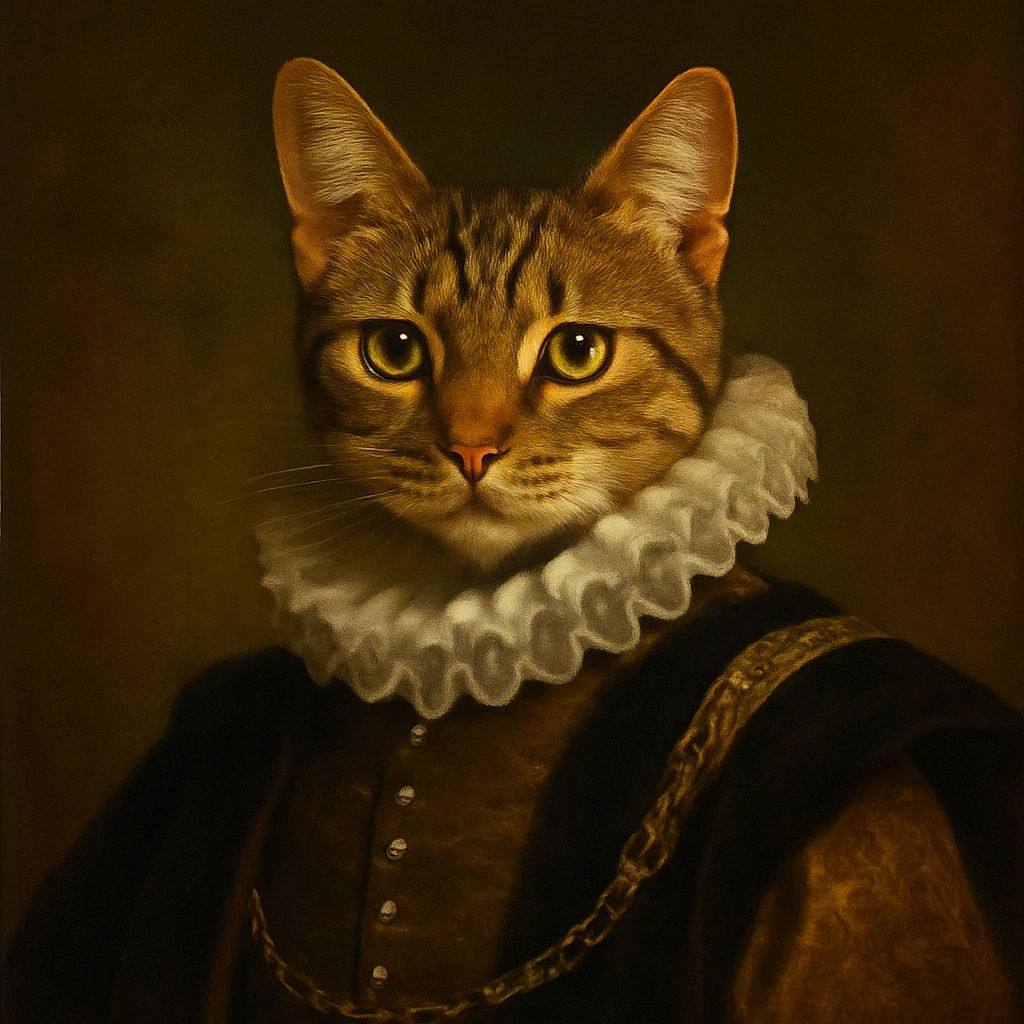 A curious tabby cat sits cozily on a wooden shelf surrounded by blue and white ceramic jars and figurines, including a cat-shaped vase. The backdrop is a rustic wooden wall with a framed picture of a statue, creating a warm and charming indoor scene.