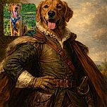 A happy golden retriever sitting on grass near a pond, wearing a patriotic star-spangled harness and leash, tongue out in a joyful pant, surrounded by lush greenery and sunshine.