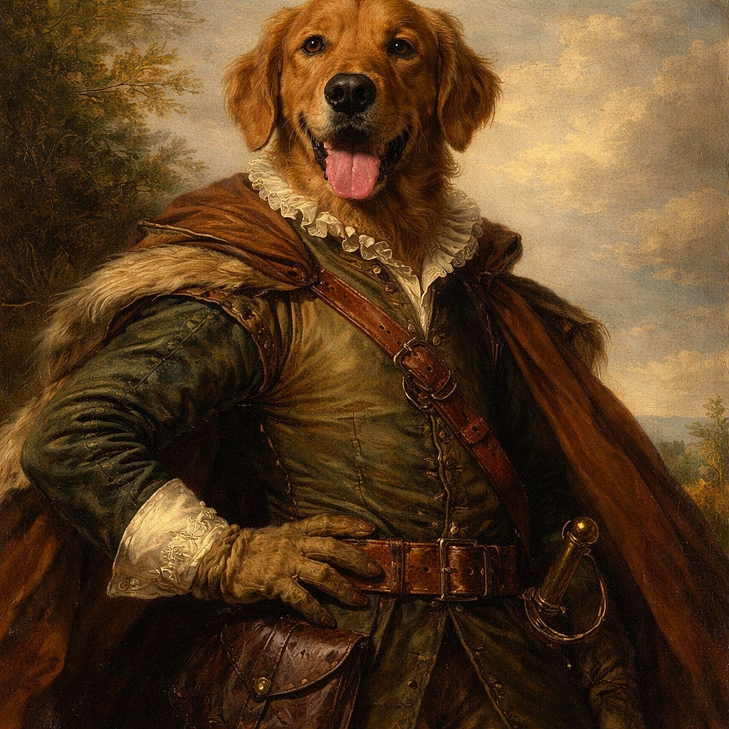 A happy golden retriever sitting on grass near a pond, wearing a patriotic star-spangled harness and leash, tongue out in a joyful pant, surrounded by lush greenery and sunshine.