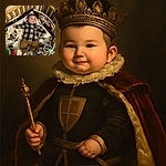 A happy baby lies comfortably in a wooden crib surrounded by playful, colorful toys and a mirror reflecting the baby's peaceful face, dressed in a cozy plaid shirt and brown pants.