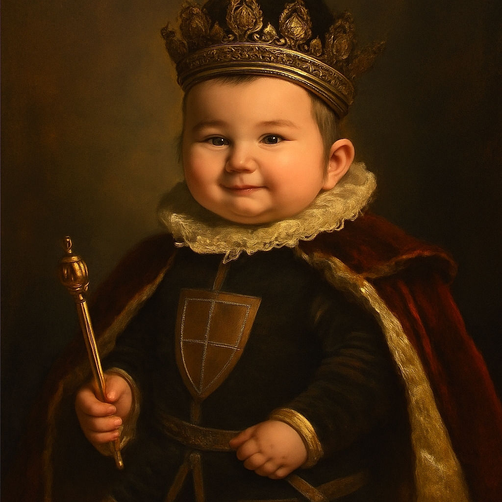 A happy baby lies comfortably in a wooden crib surrounded by playful, colorful toys and a mirror reflecting the baby's peaceful face, dressed in a cozy plaid shirt and brown pants.