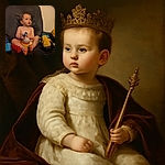 A curious toddler sits shirtless on a comfy dark armchair, surrounded by colorful toys and blocks, deeply focused on stacking a rainbow ring tower while gazing off to the side as if pondering the mysteries of the universe.