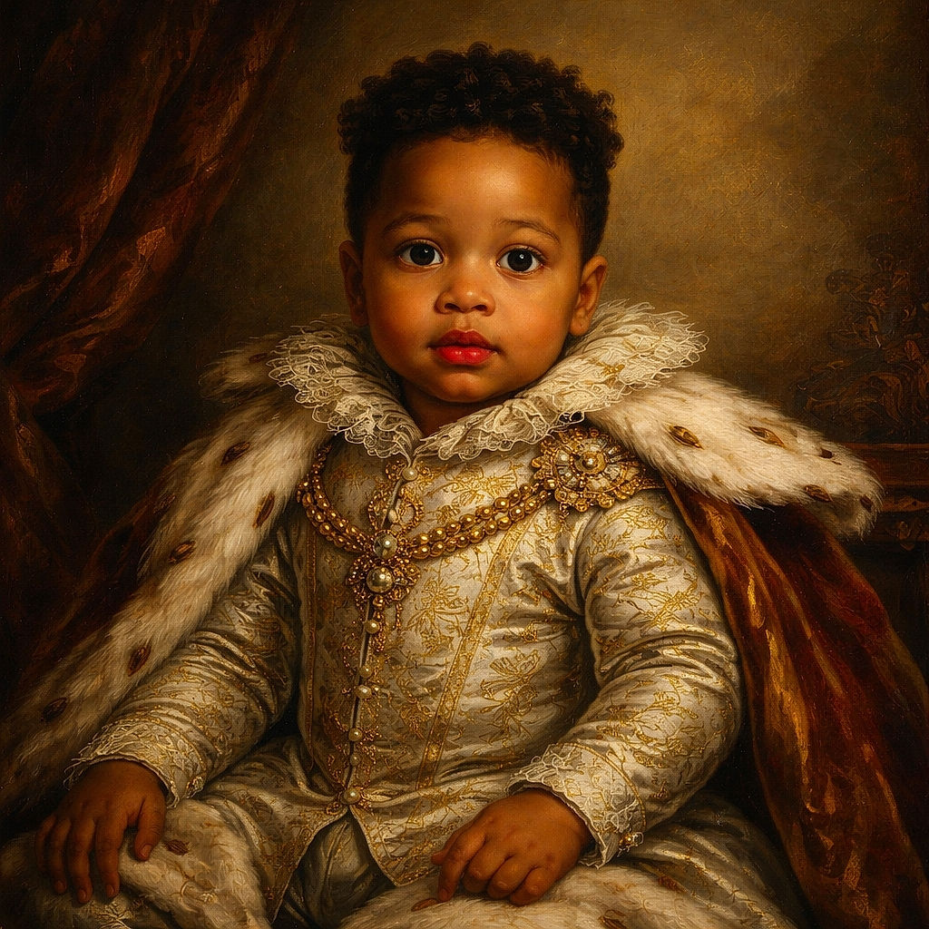 A curious toddler wearing a gray 'little dude' shirt sits comfortably in a cozy beige chair with floppy ears, staring wide-eyed at the camera with a mix of wonder and innocence, set against a textured wall.