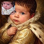 A close-up of a serious-faced baby with captivating blue eyes, wearing a cozy white outfit decorated with cheerful golden sun patterns, held gently in someone's arms.