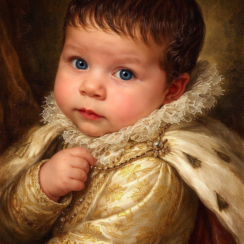 A close-up of a serious-faced baby with captivating blue eyes, wearing a cozy white outfit decorated with cheerful golden sun patterns, held gently in someone's arms.