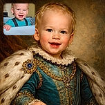 A cheerful toddler with bright eyes and a big smile peers over a blue patterned playpen, radiating pure joy. The background shows a cozy indoor setting with warm lighting, while the phone interface overlays hint at a casual snapshot moment.