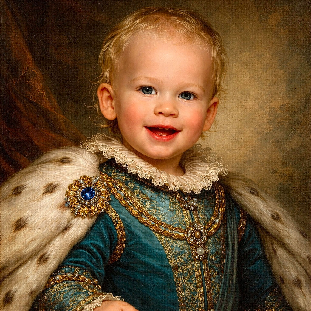 A cheerful toddler with bright eyes and a big smile peers over a blue patterned playpen, radiating pure joy. The background shows a cozy indoor setting with warm lighting, while the phone interface overlays hint at a casual snapshot moment.