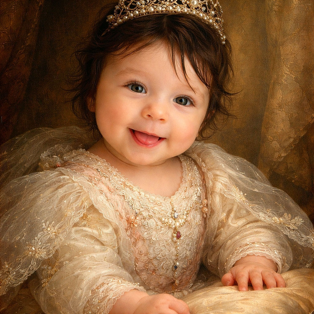 A cheeky, giggling baby in a polka-dot onesie lies snug on a bed, tongue playfully peeking out, tousled hair and sparkling eyes stealing the show — a cozy, soft-blanket portrait that screams 'cute mischief.'