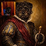 A scruffy black dog wearing a blue jacket and a red harness stands in a narrow wooden doorway, its eyes shining brightly in the dim light as if plotting a secret mission.