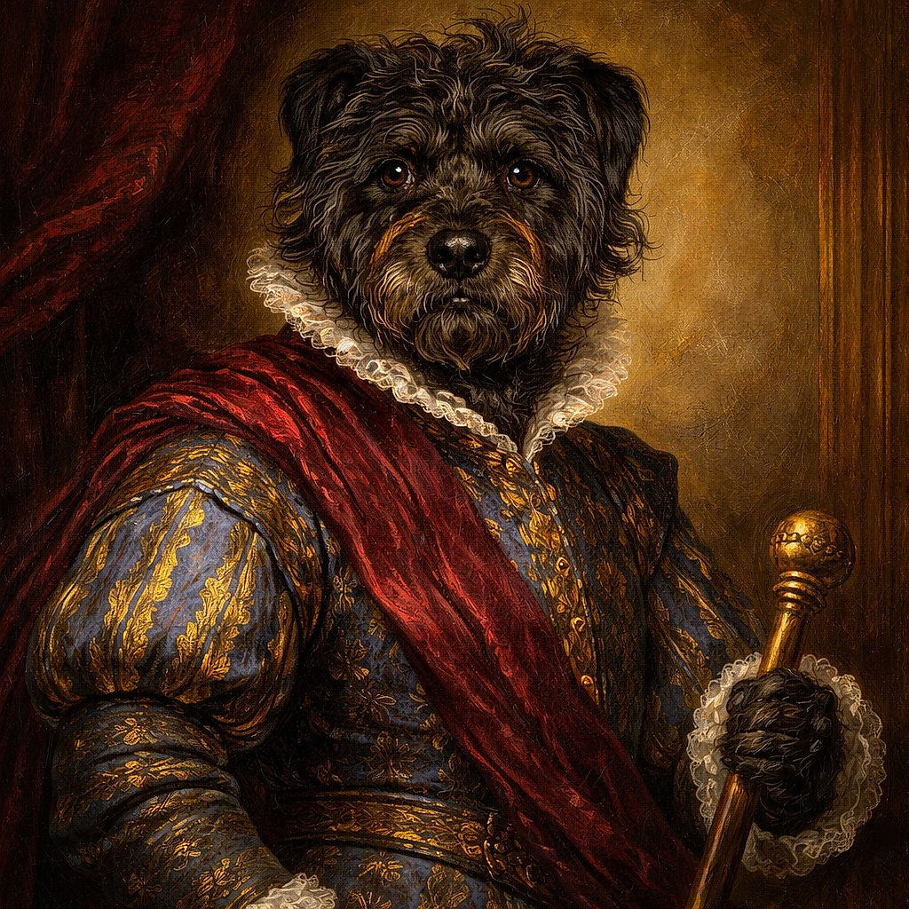 A scruffy black dog wearing a blue jacket and a red harness stands in a narrow wooden doorway, its eyes shining brightly in the dim light as if plotting a secret mission.