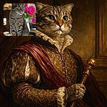 A curious tabby cat with big green eyes sits elegantly on a kitchen counter next to a vase of vibrant pink flowers, looking off into the distance as if pondering the mysteries of life or the next snack.