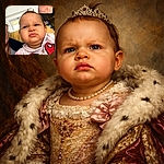 A tiny grumpy maestro of pout dominates the frame — chubby cheeks, dramatic double chin and eyes full of judgment — while a blurry video-call cameo peeks from the top-right. Background shows a cozy living room and a window; this is peak baby opinionatedness caught on camera.