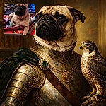 A squishy-faced pug lounges like a tiny grumpy monarch on a pile of colorful blankets while a TV blurs in the background — equal parts regal and exhausted, plotting a nap or world domination.