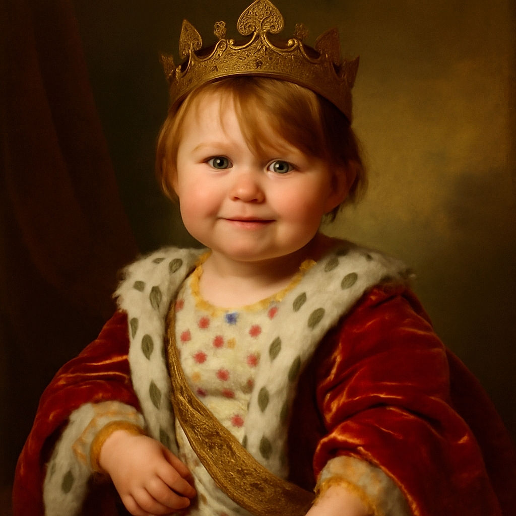 A cheerful toddler with tousled hair and a floral onesie looks up with a curious smile, gripping the edge of a couch in a bright, toy-strewn room filled with soft natural light.