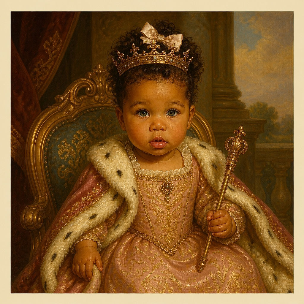 A baby sits proudly on a pink blanket, gazing at the camera with the serious expression of a tiny executive who has just discovered that overalls and socks are the official uniform of cuteness. A bow-topped hairstyle and pastel nursery backdrop complete the portrait.