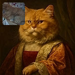 A blurry and dimly lit photo of a ginger cat curled up on a colorful patterned blanket, looking like it's ready for a nap but the camera forgot to focus.