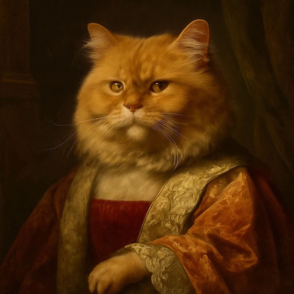 A blurry and dimly lit photo of a ginger cat curled up on a colorful patterned blanket, looking like it's ready for a nap but the camera forgot to focus.