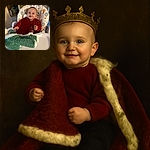 A joyful baby in a festive red sweater sits in a high chair covered with a cute, colorful hot air balloon print. The baby is holding a large, fluffy green stuffed toy and a red knit Santa hat, grinning with excitement as if ready to celebrate their first Christmas.
