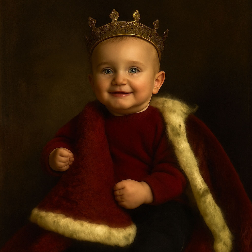 A joyful baby in a festive red sweater sits in a high chair covered with a cute, colorful hot air balloon print. The baby is holding a large, fluffy green stuffed toy and a red knit Santa hat, grinning with excitement as if ready to celebrate their first Christmas.