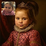 A close-up of a cute toddler with a playful ponytail sticking up, wearing a pink leopard print sweater, sitting on wooden bleachers at what appears to be a school event or performance with a blurred audience and stage in the background.
