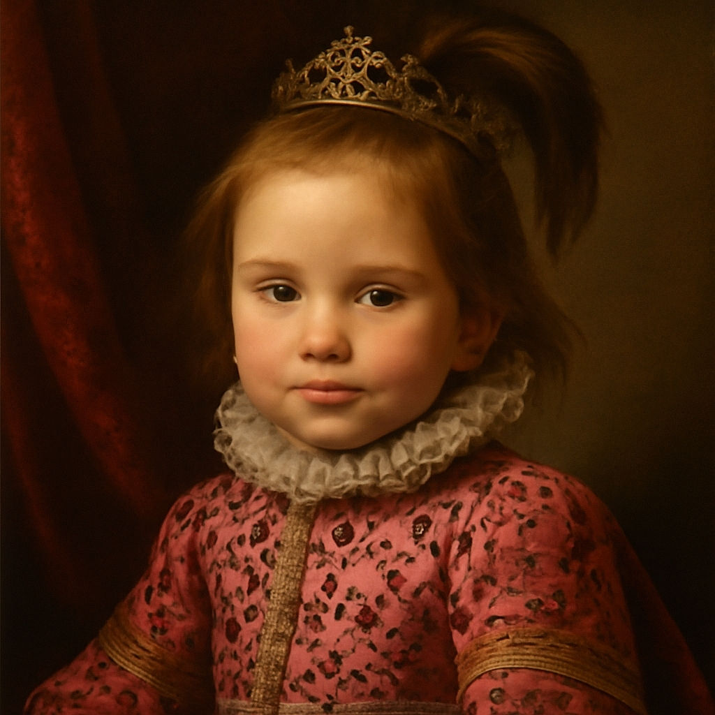 A close-up of a cute toddler with a playful ponytail sticking up, wearing a pink leopard print sweater, sitting on wooden bleachers at what appears to be a school event or performance with a blurred audience and stage in the background.