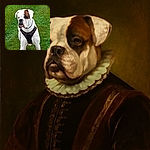 A sturdy white bulldog with a brown patch over one eye stands alert in a grassy field, wearing a black harness that looks ready for an adventure. The photo has a slight artistic filter giving it a painted texture, making the dog look like a tough but lovable character from a comic book.