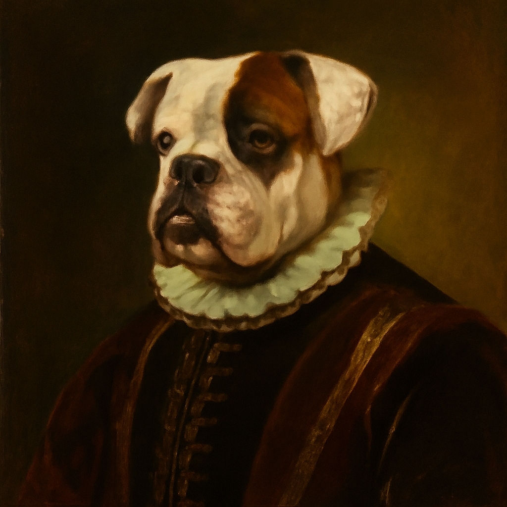 A sturdy white bulldog with a brown patch over one eye stands alert in a grassy field, wearing a black harness that looks ready for an adventure. The photo has a slight artistic filter giving it a painted texture, making the dog look like a tough but lovable character from a comic book.
