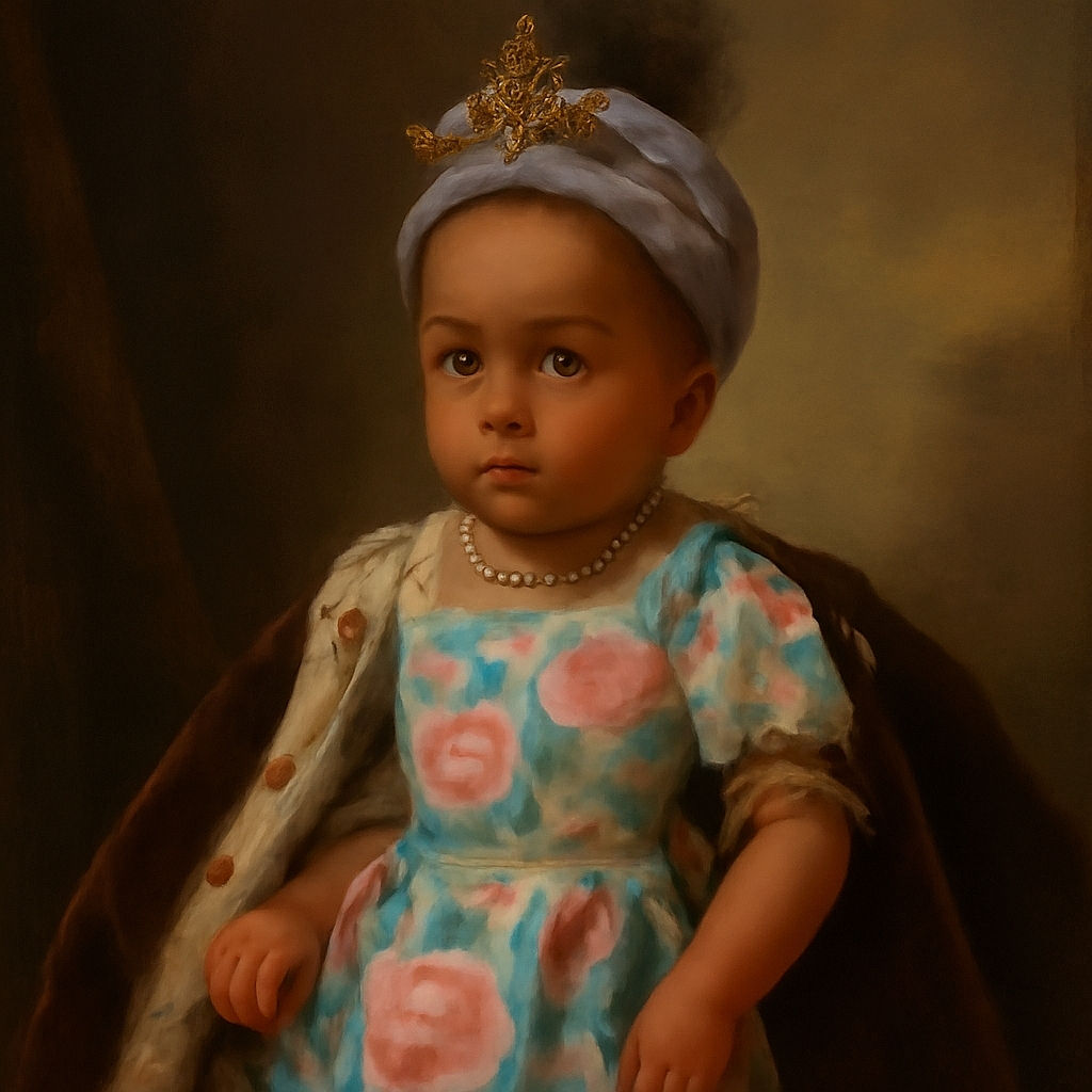 A toddler in a floral dress and sandals poses carefully on a brown couch, with a purple headband holding up her curly hair. The background shows a red door and a softly lit window, along with a cozy home setting.