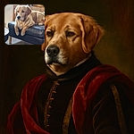 A golden retriever or similar breed is lounging comfortably on a black leather ottoman, looking relaxed and slightly pensive, with a cozy stack of pillows and framed pictures in the background, giving a homely vibe.