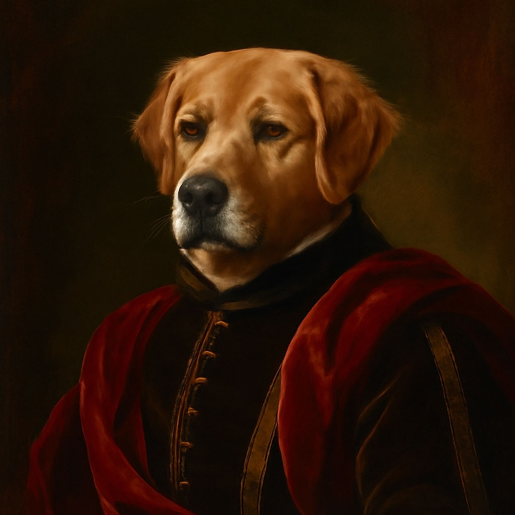 A golden retriever or similar breed is lounging comfortably on a black leather ottoman, looking relaxed and slightly pensive, with a cozy stack of pillows and framed pictures in the background, giving a homely vibe.