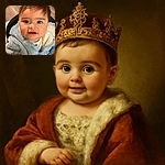 An adorable baby with sparkling blue eyes and a fuzzy light blue jacket looks curiously at the camera, cheeks rosy and mouth slightly open, framed by soft indoor lighting and a blurred wooden floor background.
