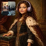 A candid snapshot inside a cozy living room with a child wearing headphones walking past, blurred in motion, while a colorful cartoon plays on the TV and various household items fill the background.