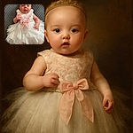 An adorable baby dressed in a fancy white dress with a pink bow and pearl belt lies on a textured gray blanket, looking curiously at the camera with wide eyes and a slightly open mouth, as if ready to charm the world.