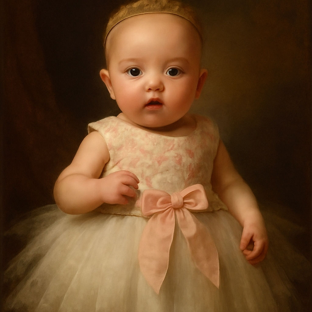 An adorable baby dressed in a fancy white dress with a pink bow and pearl belt lies on a textured gray blanket, looking curiously at the camera with wide eyes and a slightly open mouth, as if ready to charm the world.