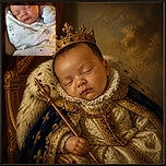 A peacefully sleeping newborn is bundled like a tiny burrito in a starburst-patterned blanket, while a video-call participant peeks in from the corner as if checking whether the baby has finally powered down.