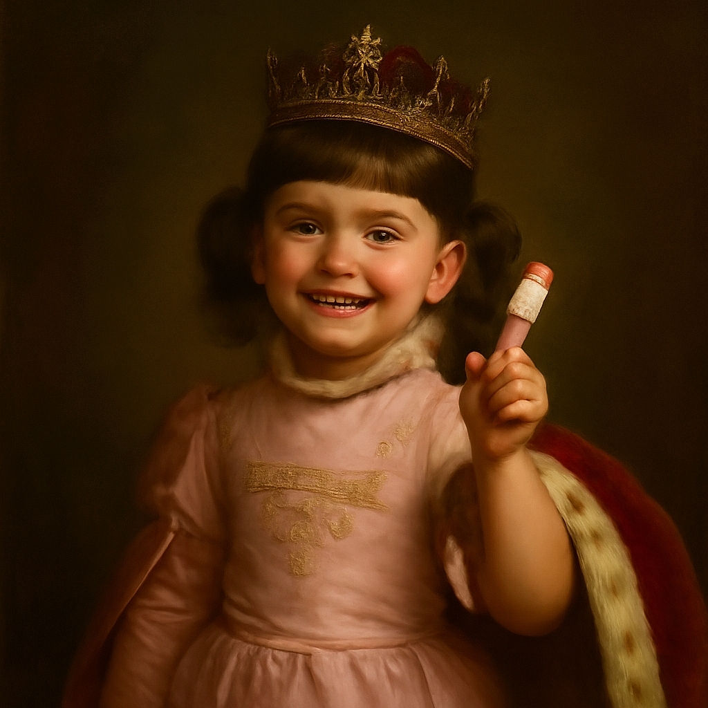 A joyful little girl with pigtails beams widely at the camera, proudly showing off a bandaged finger. She's dressed in a cute pink dress featuring playful lion cubs and stands against a textured wall, radiating pure childhood charm.