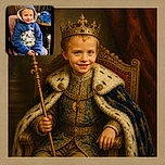 A cheerful child in a fuzzy-lined blue hood sits proudly in a workshop chair, looking like a tiny mechanic who has just been promoted to supervisor. Tools, wires, a bright blue vise, and stacked dishes create a wonderfully busy behind-the-scenes backdrop.