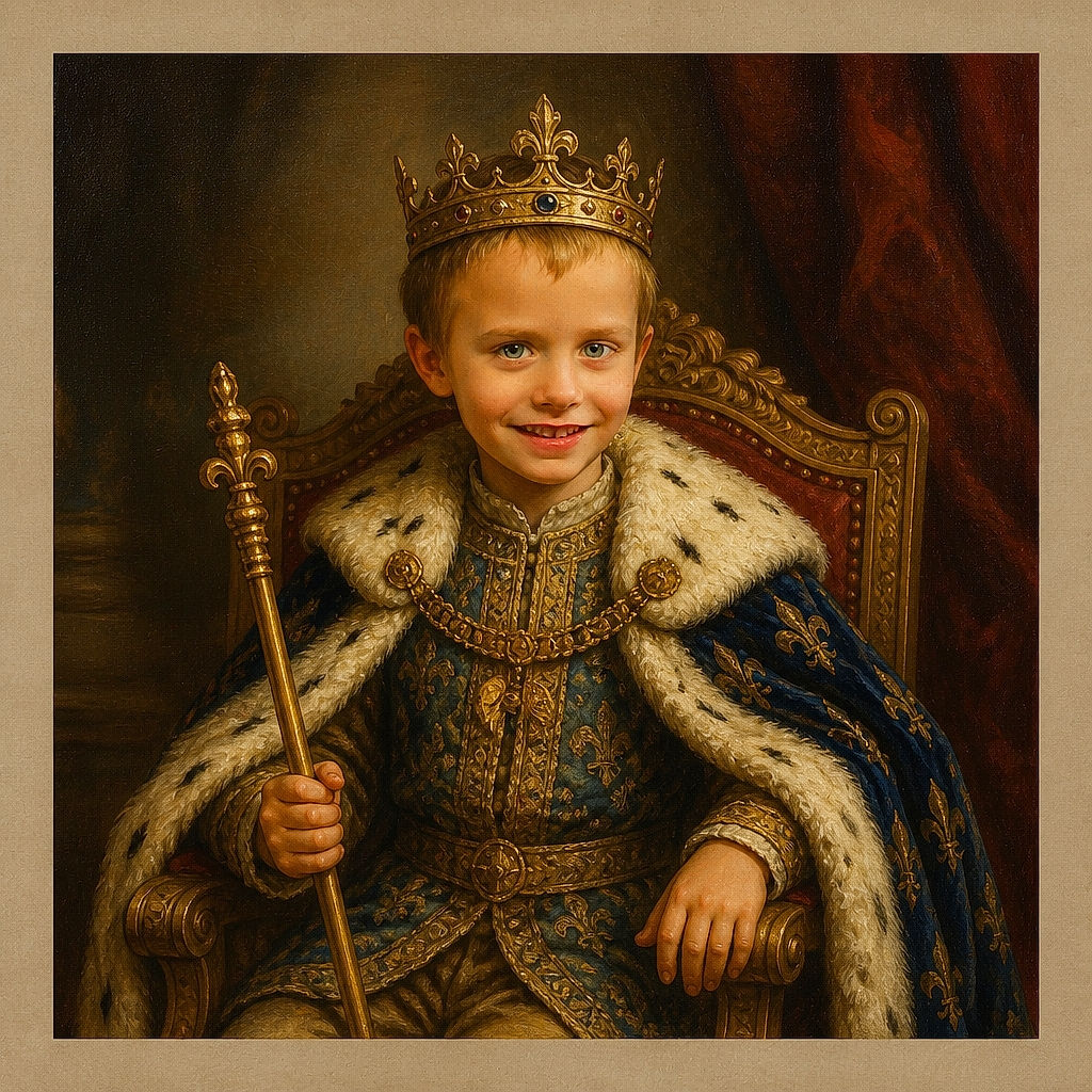 A cheerful child in a fuzzy-lined blue hood sits proudly in a workshop chair, looking like a tiny mechanic who has just been promoted to supervisor. Tools, wires, a bright blue vise, and stacked dishes create a wonderfully busy behind-the-scenes backdrop.