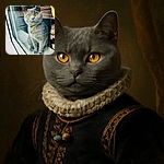 A curious grey cat with striking golden eyes peers through a glass window, its yellow collar bells jingling softly. The glass reflects the outdoor scene faintly, adding a dreamy layer to this cozy indoor moment.