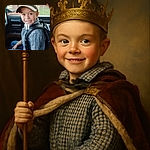 A young boy wearing a cap and checkered shirt sits in a car seat with a backpack, smiling nervously as if caught mid-adventure. The background shows a brick wall outside the window, and the image includes a digital overlay with date and music info, plus a pause icon in the center.