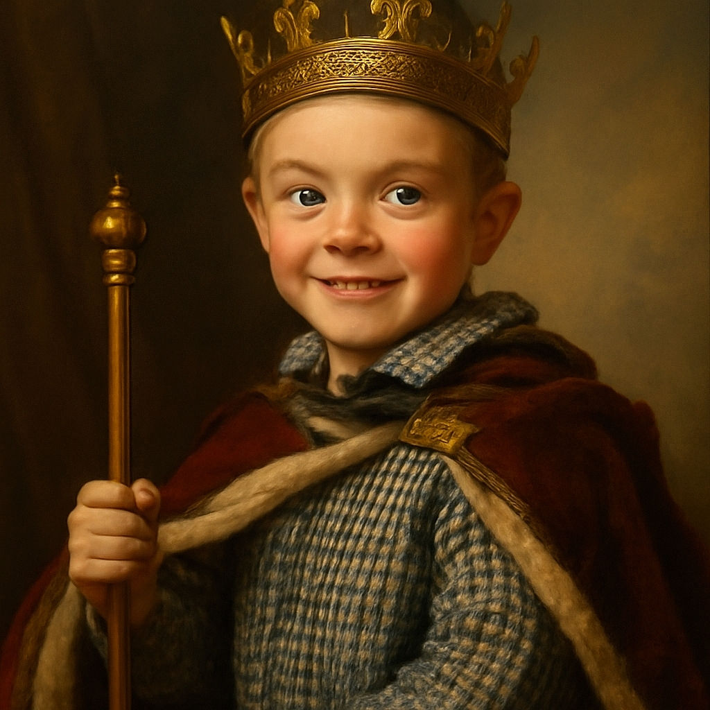 A young boy wearing a cap and checkered shirt sits in a car seat with a backpack, smiling nervously as if caught mid-adventure. The background shows a brick wall outside the window, and the image includes a digital overlay with date and music info, plus a pause icon in the center.