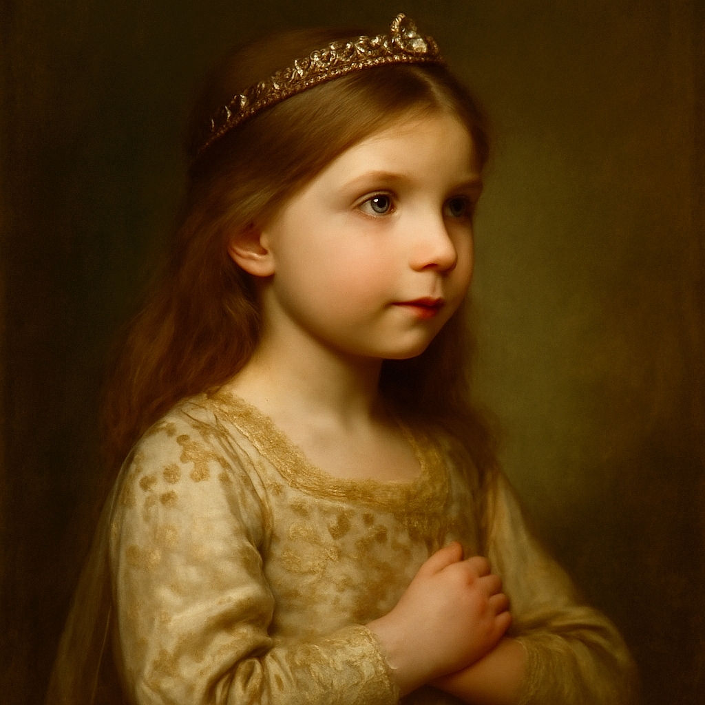A thoughtful child with bright blue eyes rests their face in their hands, lost in a daydream. The close-up captures the softness of their skin and the gentle curl of their hair, with a cozy background of patterned fabric and wooden furniture adding warmth to the scene.