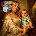 A cheerful woman in a white hoodie holds an adorable baby dressed in a tropical print onesie inside a cozy café with vibrant purple walls and warm lighting, both smiling gently at the camera.