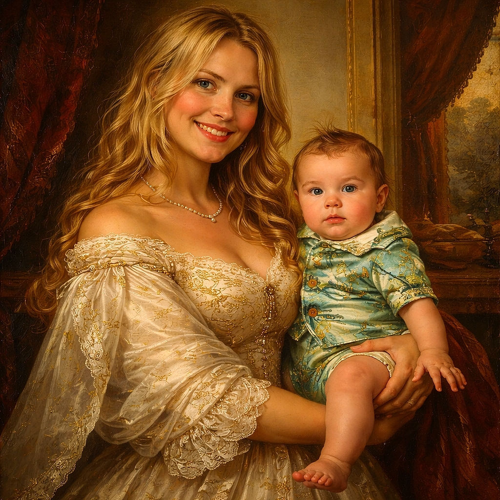 A cheerful woman in a white hoodie holds an adorable baby dressed in a tropical print onesie inside a cozy café with vibrant purple walls and warm lighting, both smiling gently at the camera.