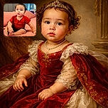 A chubby-cheeked baby in a bright red shirt sits on a cozy peach quilt, looking curiously at the camera with a slight pout, surrounded by a softly lit, homey bedroom.