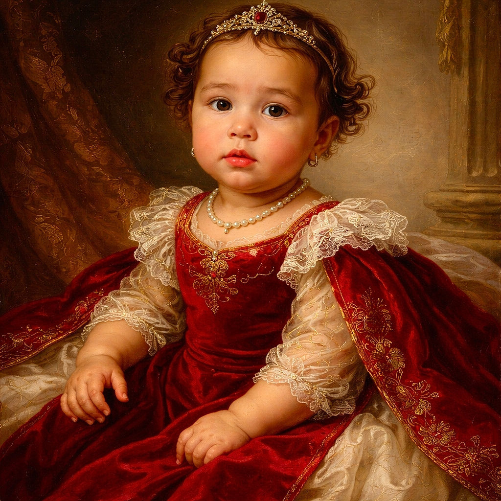 A chubby-cheeked baby in a bright red shirt sits on a cozy peach quilt, looking curiously at the camera with a slight pout, surrounded by a softly lit, homey bedroom.