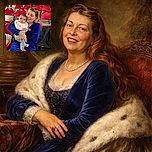 A joyful moment captured of a woman in a vibrant blue dress holding a curious baby dressed in cozy pastel colors, surrounded by rows of bright red chairs in what appears to be a festive or event setting.