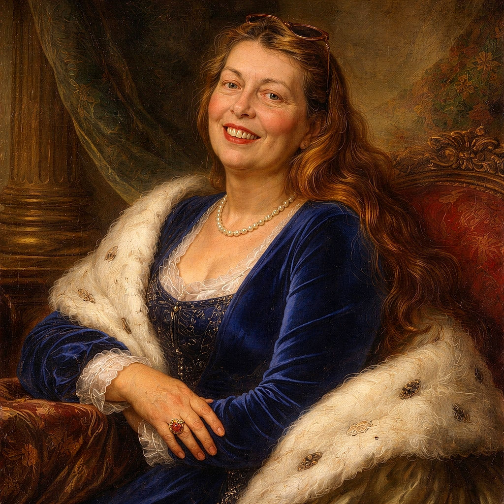 A joyful moment captured of a woman in a vibrant blue dress holding a curious baby dressed in cozy pastel colors, surrounded by rows of bright red chairs in what appears to be a festive or event setting.