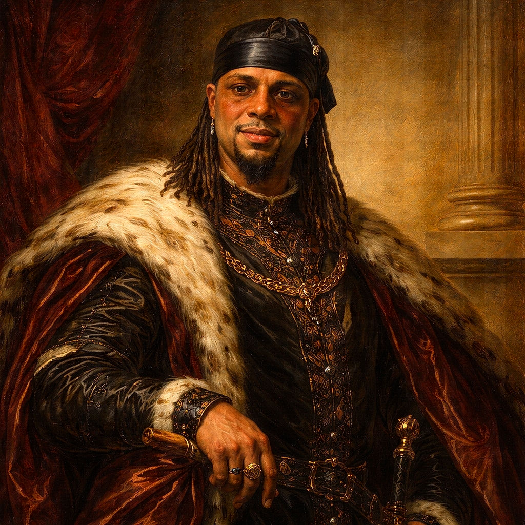 A cheerful toddler is being held by a smiling man in sunglasses and a headwrap, standing in front of a car with trees and a trailer in the background — looks like a sunny backyard moment captured mid-laugh.