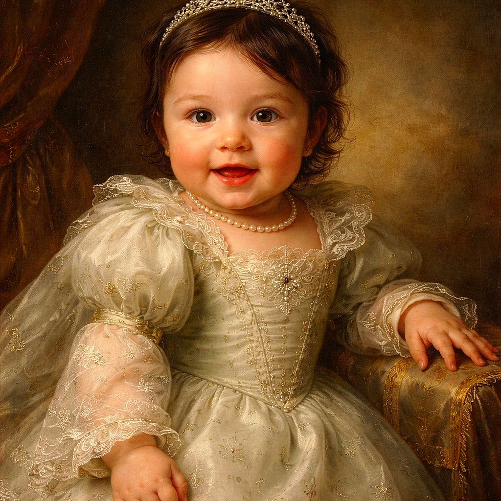 A delighted baby lounges in a cloud of fluffy pillows on a gray couch, grinning with a tiny tongue-out smile and reaching out with chubby hands — cozy pajamas and an embroidered top finish this irresistibly snug portrait.